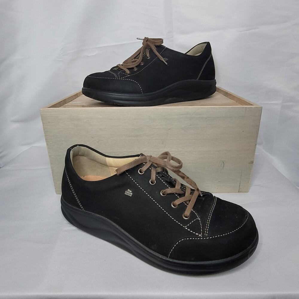 Finn Comfort Black Suede Sneakers with Brown Laces
